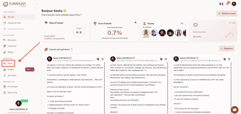  générer post Kawaak - dashboard