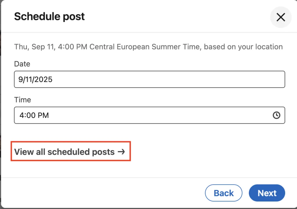 How do you schedule a post on Linkedin see shcedule posts
